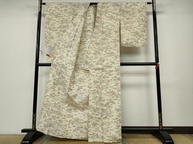 平和屋着物▽上質な紬 単衣 草花尽くし 正絹 逸品 CAAW2844ut