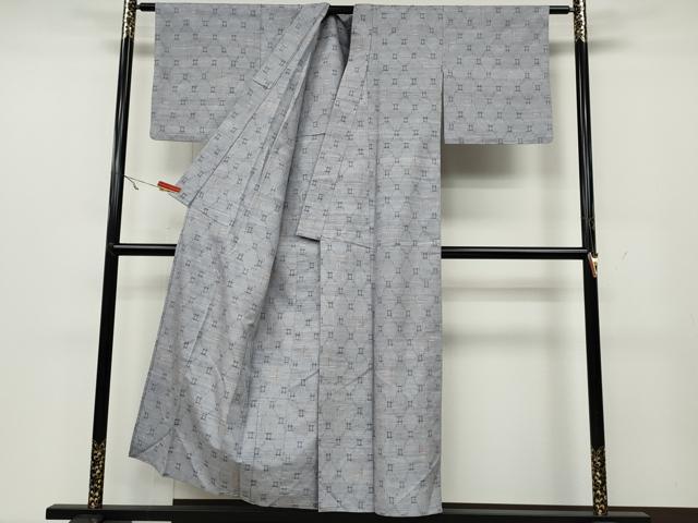 平和屋着物▽上質な紬　単衣　菱繋ぎ文　正絹　逸品　CAAW2845ut