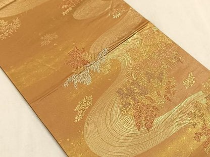 平和屋着物◎六通柄袋帯　好越優さか類池桃　金糸　正絹　逸品　CAAW3255qv