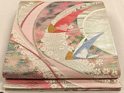 平和屋着物◎六通柄袋帯　飛鶴流水花文　金銀糸　正絹　逸品　CAAW3271qv