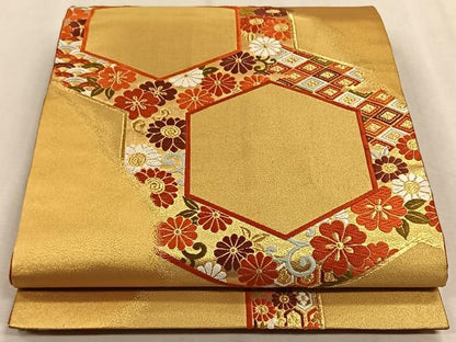 平和屋着物◎六通柄袋帯　唐織　亀甲花文　金糸　正絹　逸品　CAAW3322qv