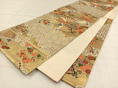 平和屋着物◎六通柄袋帯　扇花文　金銀糸　正絹　逸品　CAAW3345qv