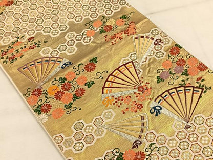 平和屋着物◎六通柄袋帯　扇花文　金銀糸　正絹　逸品　CAAW3345qv