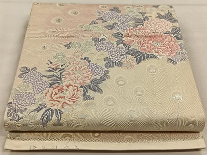 平和屋着物◎六通柄袋帯　唐織　備花孔雀文　銀糸　正絹　逸品　CAAW3545qv