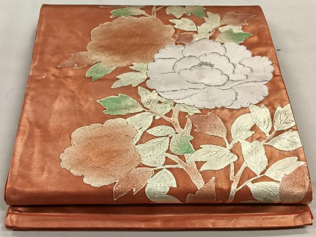 平和屋着物◎太鼓柄袋帯　駒刺繍　草花文　金彩　正絹　逸品　CAAW3548qv