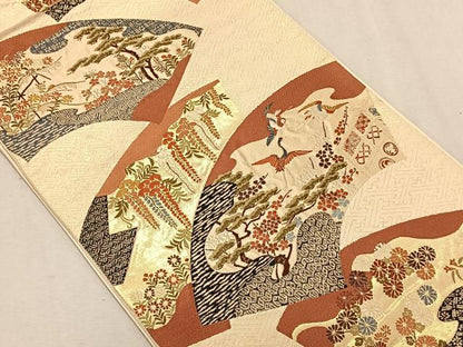 平和屋着物◎六通柄袋帯　唐織　地紙飛鶴花文　金糸　正絹　逸品　CAAW3574qv