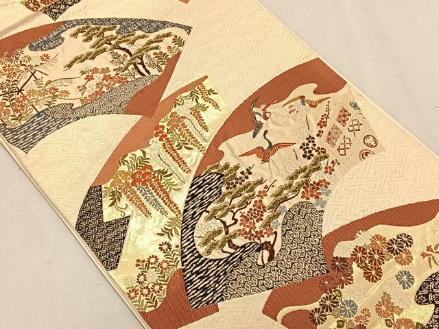 平和屋着物◎六通柄袋帯　唐織　地紙飛鶴花文　金糸　正絹　逸品　CAAW3574qv