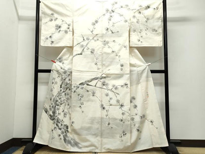 平和屋着物●訪問着 作家物 紬地 手書き 枝梅文 金彩 正絹 逸品 CAAW3648vf