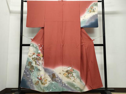 平和屋着物●英王室献上友禅作家 木下勝功 訪問着 刺繍 御所車鼓花文 金彩 正絹 逸品 CAAW3688vf