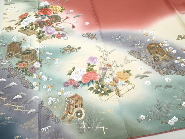 平和屋着物●英王室献上友禅作家 木下勝功 訪問着 刺繍 御所車鼓花文 金彩 正絹 逸品 CAAW3688vf