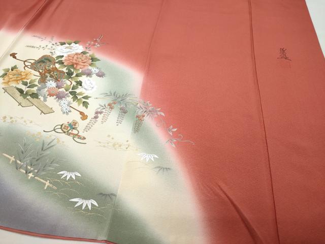 平和屋着物●英王室献上友禅作家 木下勝功 訪問着 刺繍 御所車鼓花文 金彩 正絹 逸品 CAAW3688vf