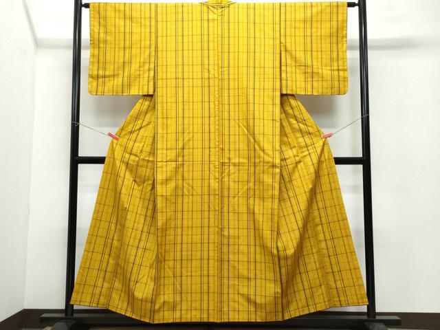 平和屋着物●黄八丈　紬　平織　格子　正絹　逸品　CAAW3690vf