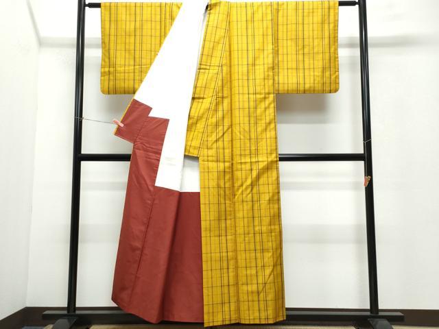 平和屋着物●黄八丈　紬　平織　格子　正絹　逸品　CAAW3690vf