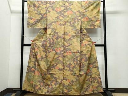 平和屋着物●本場染大島紬 舞蝶草花文 正絹 逸品 CAAW3698vf