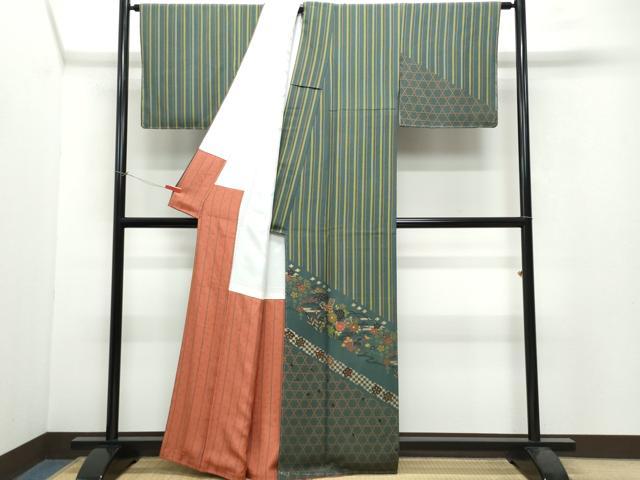 平和屋着物●訪問着　刺繍　舞蝶草花文　金彩　正絹　逸品　CAAW3808vf