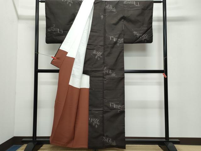 平和屋着物●上質な紬　人物風景文　黒地　正絹　逸品　CAAW3906vf