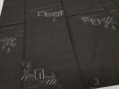 平和屋着物●上質な紬　人物風景文　黒地　正絹　逸品　CAAW3906vf