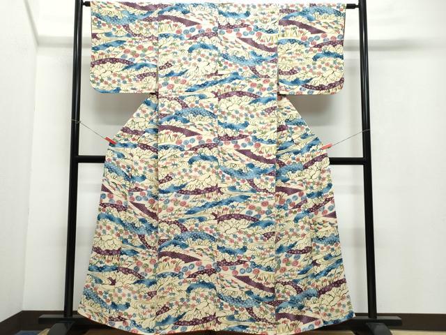 平和屋着物●上質な小紋 型染め 流水草花文 正絹 逸品 CAAW3913vf