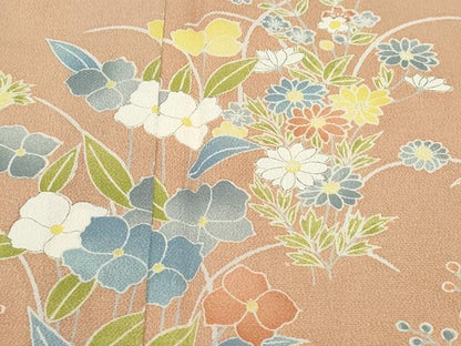 平和屋着物●訪問着　草花文　鬼しぼ縮緬　正絹　逸品　CAAW3921vf