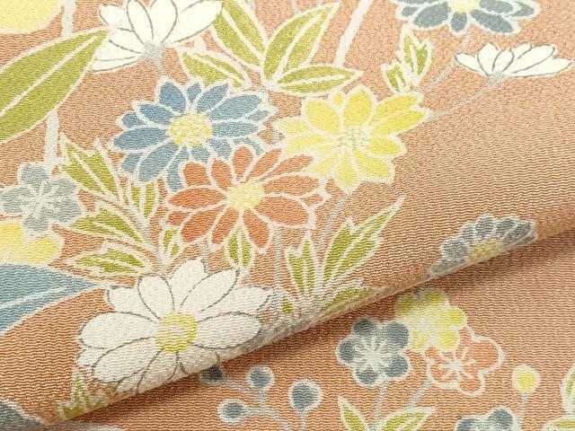 平和屋着物●訪問着　草花文　鬼しぼ縮緬　正絹　逸品　CAAW3921vf