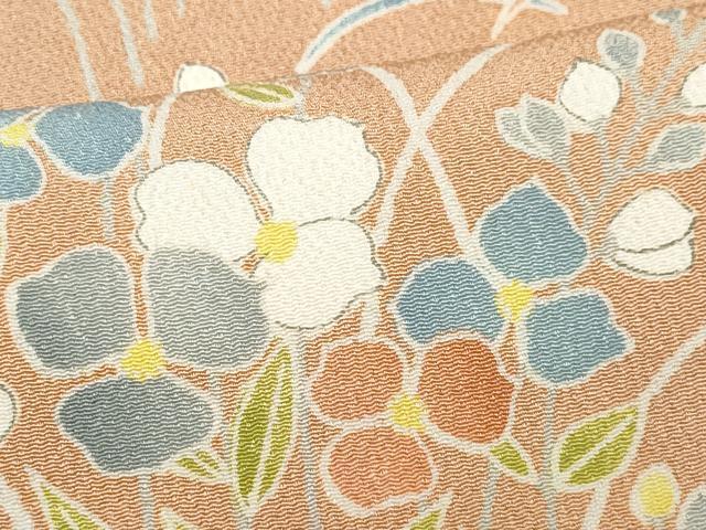 平和屋着物●訪問着　草花文　鬼しぼ縮緬　正絹　逸品　CAAW3921vf