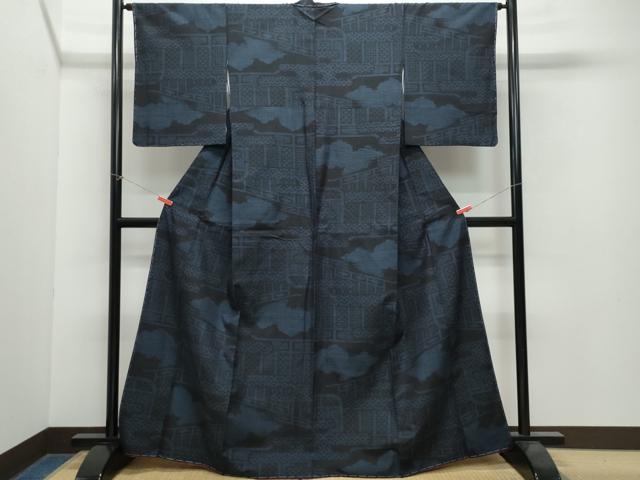 平和屋着物●結城紬　80亀甲　雲取り屏風文　正絹　逸品　未使用　CAAW3961vf
