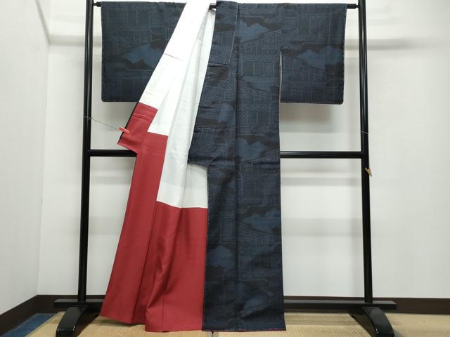 平和屋着物●結城紬　80亀甲　雲取り屏風文　正絹　逸品　未使用　CAAW3961vf