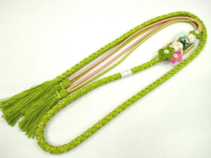 平和屋着物●和装小物　振袖用帯締め　飾り付き　飾り玉　つまみ細工　パール　花　萌黄色　金糸　撚り房　逸品　未使用　CAAW4042ju