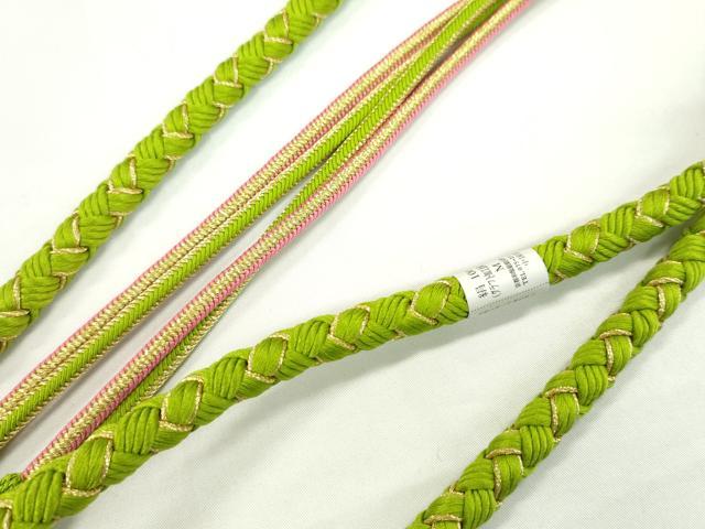 平和屋着物●和装小物　振袖用帯締め　飾り付き　飾り玉　つまみ細工　パール　花　萌黄色　金糸　撚り房　逸品　未使用　CAAW4042ju
