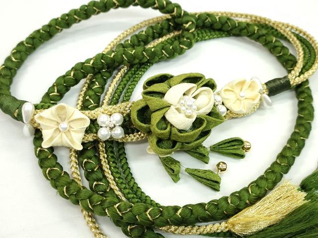 平和屋着物●和装小物　振袖用帯締め　飾り付き　つまみ細工　花　パール　オリーブグリーン　金糸　切り房　逸品　未使用　CAAW4048ju