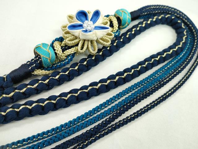 平和屋着物●和装小物　振袖用帯締め　飾り付き　つまみ細工　花　小田巻き　濃藍色　金糸　切り房　逸品　未使用　CAAW4051ju