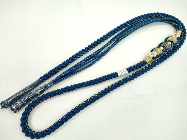 平和屋着物●和装小物　振袖用帯締め　飾り付き　小田巻き　パール　花　紺色　金糸　切り房　逸品　未使用　CAAW4052ju