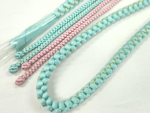 平和屋着物●和装小物　振袖用帯締め　飾り付き　パール　ビジュー　花　水色×ピンク　金糸　切り房　逸品　未使用　CAAW4054ju