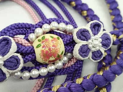 平和屋着物●和装小物　振袖用帯締め　飾り玉　つまみ細工　花　パール　菖蒲色　金糸　切り房　逸品　未使用　CAAW4055ju