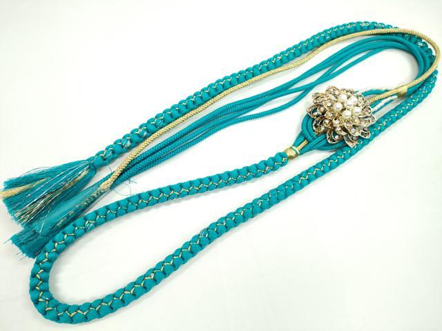 平和屋着物●和装小物　振袖用帯締め　飾り付き　パール　ビジュー　ターコイズブルー　金糸　ラメ糸　切り房　逸品　未使用　CAAW4057ju