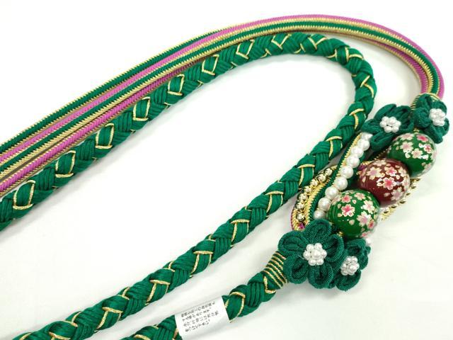 平和屋着物●和装小物　振袖用帯締め　飾り玉　つまみ細工　パール　花　萌葱色　金糸　撚り房　逸品　未使用　CAAW4063ju