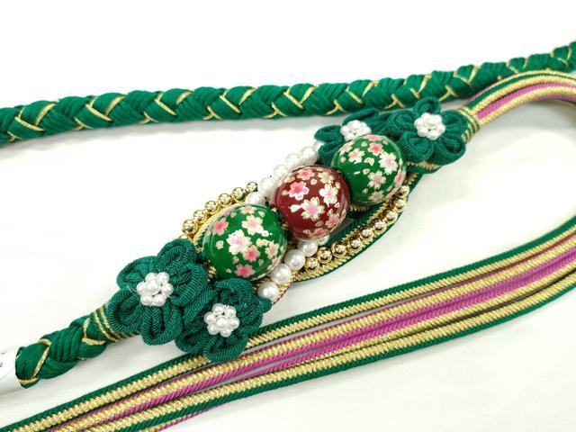 平和屋着物●和装小物　振袖用帯締め　飾り玉　つまみ細工　パール　花　萌葱色　金糸　撚り房　逸品　未使用　CAAW4063ju