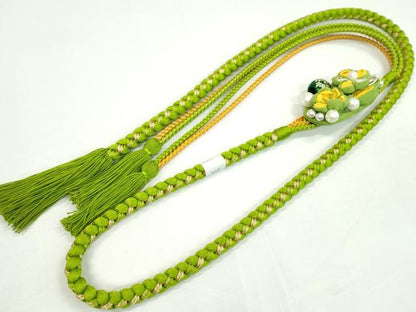 平和屋着物●和装小物　振袖用帯締め　飾り玉　つまみ細工　花　パール　若草色　金糸　撚り房　逸品　未使用　CAAW4064ju