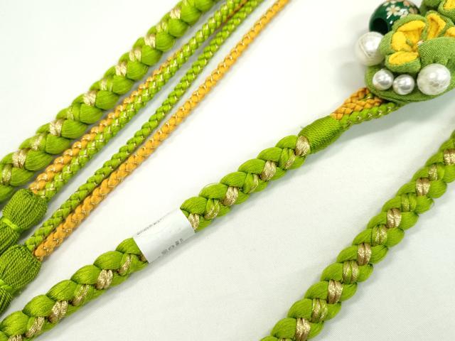 平和屋着物●和装小物　振袖用帯締め　飾り玉　つまみ細工　花　パール　若草色　金糸　撚り房　逸品　未使用　CAAW4064ju