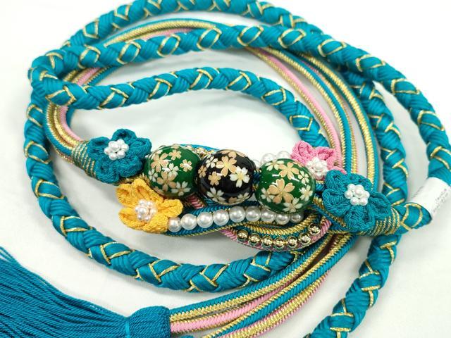 平和屋着物●和装小物 振袖用帯締め 飾り玉 つまみ細工 花 パール シアン 金糸 撚り房 逸品 未使用 CAAW4067ju