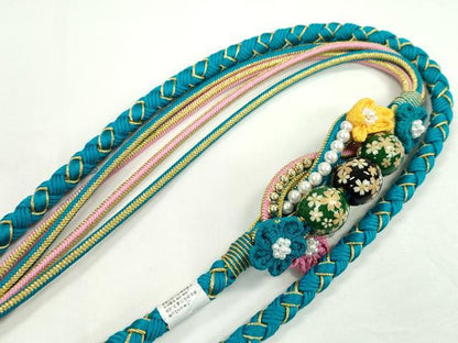 平和屋着物●和装小物 振袖用帯締め 飾り玉 つまみ細工 花 パール シアン 金糸 撚り房 逸品 未使用 CAAW4067ju