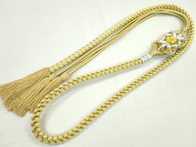 平和屋着物●和装小物　振袖用帯締め　ちりめん花飾り　パール　砥粉色　金糸　撚り房　逸品　未使用　CAAW4068ju