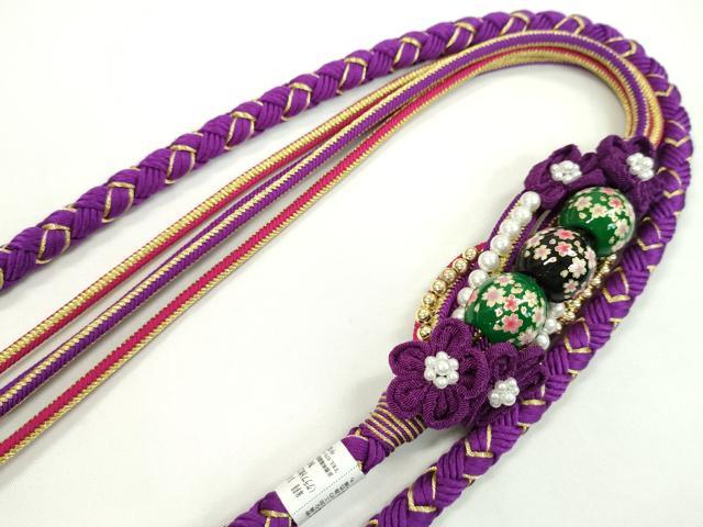 平和屋着物●和装小物　振袖用帯締め　飾り玉　つまみ細工　花　パール　本紫色　金糸　撚り房　逸品　未使用　CAAW4071ju