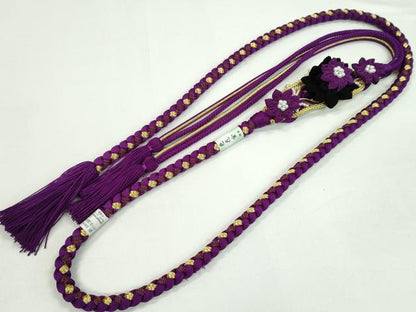 平和屋着物●和装小物　振袖用帯締め　つまみ細工　花　パール　色花金　紫×黒　金糸　撚り房　逸品　未使用　CAAW4076ju