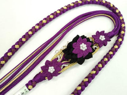 平和屋着物●和装小物　振袖用帯締め　つまみ細工　花　パール　色花金　紫×黒　金糸　撚り房　逸品　未使用　CAAW4076ju