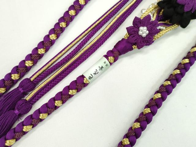 平和屋着物●和装小物　振袖用帯締め　つまみ細工　花　パール　色花金　紫×黒　金糸　撚り房　逸品　未使用　CAAW4076ju