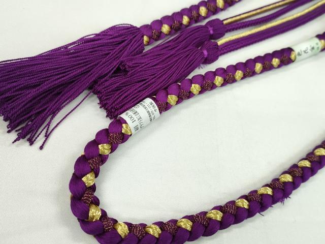 平和屋着物●和装小物　振袖用帯締め　つまみ細工　花　パール　色花金　紫×黒　金糸　撚り房　逸品　未使用　CAAW4076ju