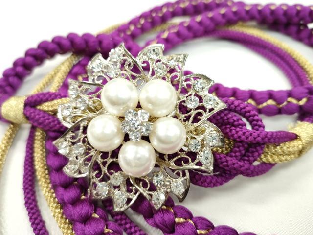 平和屋着物●和装小物　振袖用帯締め　パール　ビジュー　花　紫色　金糸　切り房　逸品　未使用　CAAW4078ju
