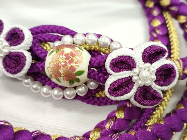 平和屋着物●和装小物 振袖用帯締め つまみ細工 飾り玉 花 パール 本紫色 撚り房 逸品 未使用 CAAW4079ju