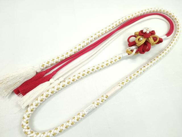 平和屋着物●和装小物　振袖用帯締め　飾り結び　花　パール　白×赤　翠嵐工房　金糸　切り房　日本製　逸品　未使用　CAAW4085ju